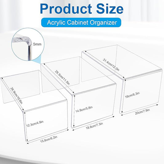 Acrylic Cabinet Organizer Shelf, 3 Pack Spice Rack Pantry Countertop Desk Organizers Display Shelves for Kitchen, Display Pantry Spice Organization for Cabinet, Plate Organizer for Cabinet Space Save
