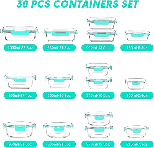 VERONES 30 Pieces Glass Meal Prep Containers Set, Stackable Glass Food Storage Containers with Lids-Airtight Glass Lunch Containers，for Microwave, Oven, Freezer & Dishwasher,Green