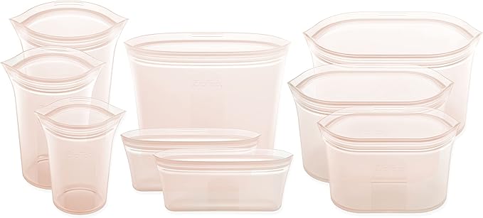 Zip Top Reusable Food Storage Bags | 9 Piece Set [Peach] - 3 Bags, 3 Cups, 3 Dishes | Silicone Meal Prep Container | Microwave, Dishwasher and Freezer Safe | Made in the USA