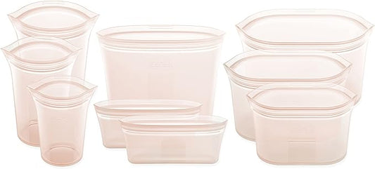Zip Top Reusable Food Storage Bags | 9 Piece Set [Peach] - 3 Bags, 3 Cups, 3 Dishes | Silicone Meal Prep Container | Microwave, Dishwasher and Freezer Safe | Made in the USA