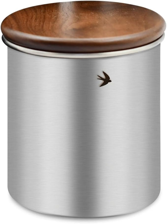 Food Storage Jar Canister with Airtight Walnut Wood Lid Elegant Design Stainless Steel Canister for Tea Coffee Sugar Spice Nuts Snacks Seasonings Storage Jar Caddy (12.8oz Natural)