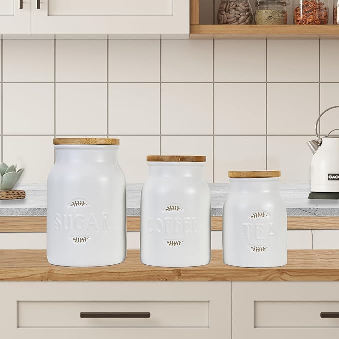 Canister Sets for Kitchen Counter, Ceramic Kitchen Canister with Airtight Bamboo Lids, Modern Farmhouse Coffee Tea Sugar Storage Jar for Countertop Decor, Set of 3, White