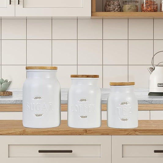 Canister Sets for Kitchen Counter, Ceramic Kitchen Canister with Airtight Bamboo Lids, Modern Farmhouse Coffee Tea Sugar Storage Jar for Countertop Decor, Set of 3, White
