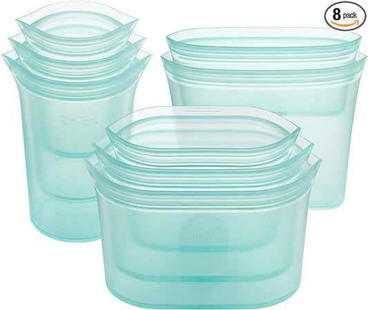 Zip Top Reusable Food Storage Bags | Full Set of 8 [Teal] | Silicone Meal Prep Container | Microwave, Dishwasher and Freezer Safe | Made in the USA