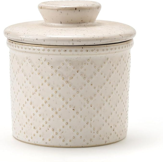 XELA - Ceramic Butter Crock - Butter Dish with Lid for Countertop - Keep Your Butter Perfectly Spreadable 24/7 - Embossed - Speckled White