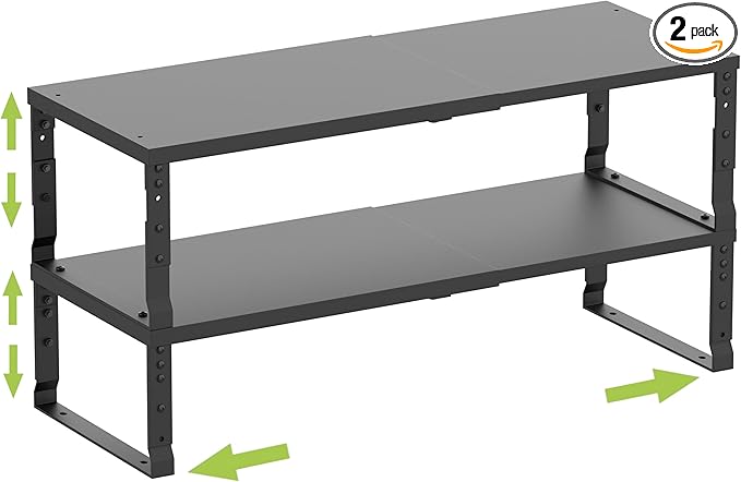Expandable Cabinet Shelf Organizer Storage Spice Rack Shelves for Kitchen Stackable Adjustable Pantry Cupboard Bathroom Countertop Desktop(2Packs/Black/Large)