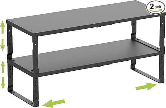 Expandable Cabinet Shelf Organizer Storage Spice Rack Shelves for Kitchen Stackable Adjustable Pantry Cupboard Bathroom Countertop Desktop(2Packs/Black/Large)