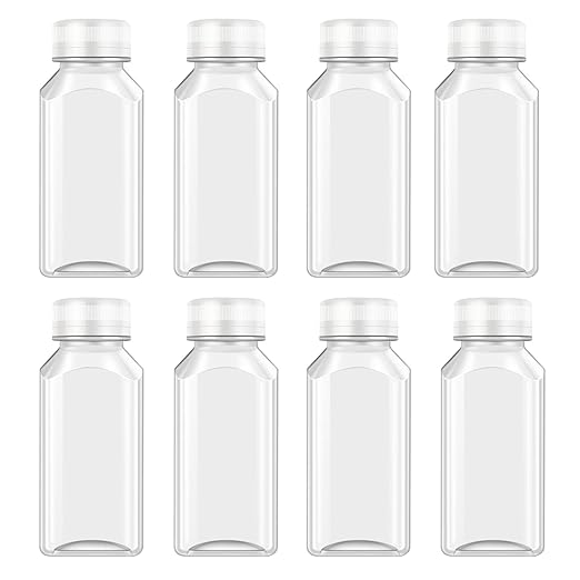 8 Pcs 8 Oz Juice Bottles Plastic Mini Fridge Bottles, Leak Proof, Beverage Containers for Juice, Smoothie, Milk, White Lid