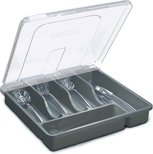 Utensil Holder for Countertop with Lid, Plastic Silverware Tray for Drawer (Gark Gray)