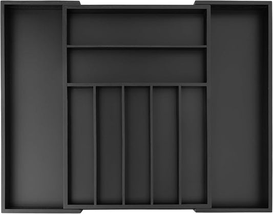 Expandable Utensil Organizer Silverware Organizer for Kitchen Adjustable Utensils Holder Bamboo Large Flatware Silverware Cutlery in Drawer (9 slot, Black