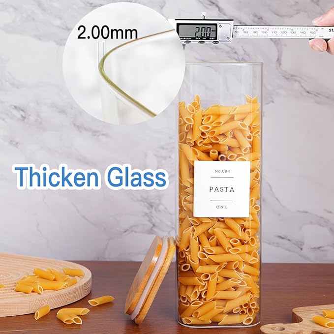 3 Pack Square Glass Kitchen Storage Jars with Airtight Bamboo Lids and 132 Pantry Labels - 80oz Glass Canisters with Wood Lids - Glass Food Storage Containers for Spaghetti, Pasta, Fettuccine