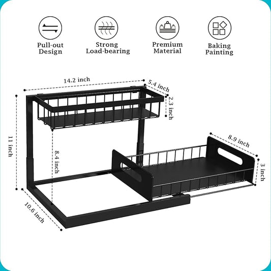REALINN Under Sink Organizer, Pull Out Cabinet Storage 2 Tier Slide Out Sink Shelf, Kitchen Organizers and Storage, Black, 1 Pack