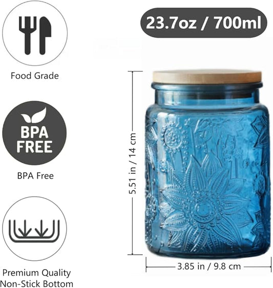 Vintage Glass Jar with Bamboo Lid, 23.7oz Blue Glass Jars, Decorative Mason Jar for Home Kitchen Storage Coffee Tea Sugar Candy Dish Cute Jar (Blue, 1Pack)