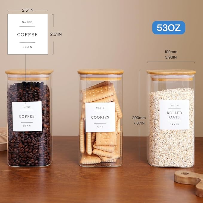 3 Pack Square Glass Kitchen Storage Jars with Airtight Bamboo Lids and 132 Pantry Labels - 54oz Glass Canisters with Wood Lids - Glass Food Storage Containers for Sugar, Rice, Pasta, Cereal