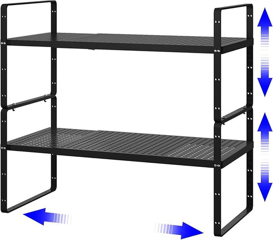 Expandable Cabinet Shelf Organizers, Kitchen Small Stand Rack Organization for Tabletop Countertop Cupborad Pantry, Black 2 Pack