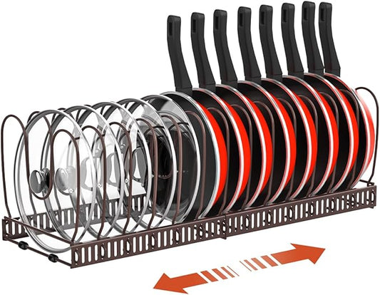 Pot and Pan Organizer Rack for Cabinet, Expandable Pot Lid Organizer with 14 Adjustable Dividers, Pan Holder Storage Rack for Kitchen Cabinet, Bronze