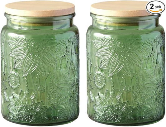 ANSQU Set of 2 Glass Jars with Lids, 23.7 FL OZ Vintage Glass Storage Jars, Cookie Jar Sugar Container for Kitchen Counter, Pantry, Candy Jar with Lid (Green, 2Pack)