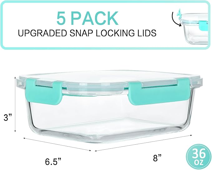 M MCIRCO [5-Packs, 36 Oz.] Glass Meal Prep Containers with Locking Lids Glass Food Containers,Airtight Lunch Container,Microwave, Oven, Freezer and Dishwasher (4.5 Cup, Green)