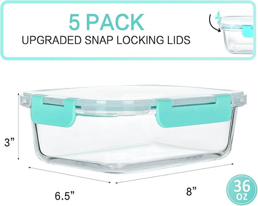 M MCIRCO [5-Packs, 36 Oz.] Glass Meal Prep Containers with Locking Lids Glass Food Containers,Airtight Lunch Container,Microwave, Oven, Freezer and Dishwasher (4.5 Cup, Green)