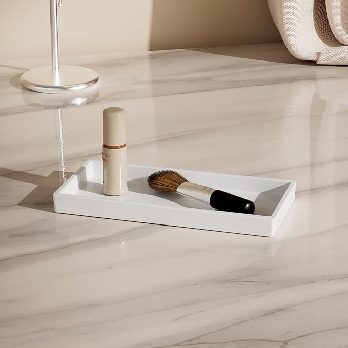 Vanity and Bathroom Tray, 6.3" ABS Countertop Organizer,Waterproof Vanity Tray for Toilet Tank,Perfume,Soap,Keys,Bathroom Accessories,Kitchen and Bath Trays,Non Slip Small Trays,White