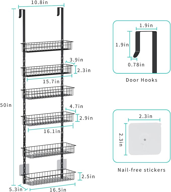 6-Tier Pantry Door Organizer, Heavy-Duty Metal Hanging Spice Racks with 6 Adjustable Baskets for Storing Cans, Spice, Plastic Wraps, Garbage Bags, etc