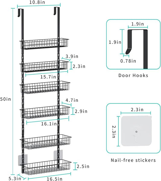 6-Tier Pantry Door Organizer, Heavy-Duty Metal Hanging Spice Racks with 6 Adjustable Baskets for Storing Cans, Spice, Plastic Wraps, Garbage Bags, etc