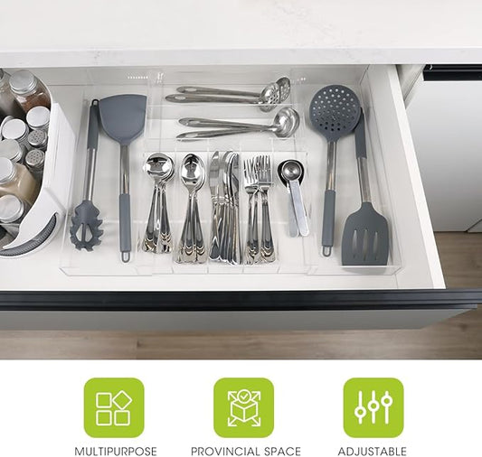AIEVE Clear Acrylic Silverware Organizer, Expandable Kitchen Drawer Organizer for Utensils, Flatware, Cutlery with 9 Compartments