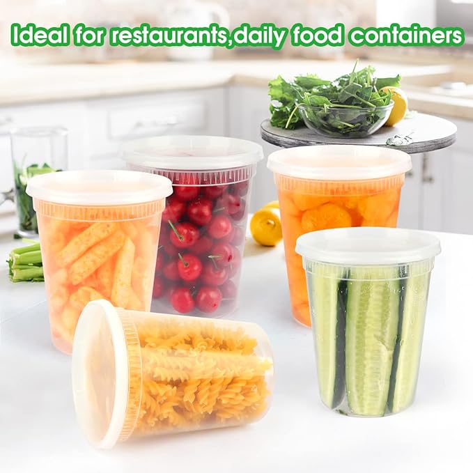 [25 Pack, 32oz] Food Storage Containers with Lids - BPA-Free | Airtight | Stackable Plastic Deli Containers (Includes 10 Spoons & 10 Forks), Dishwasher, Microwave & Freezer Safe