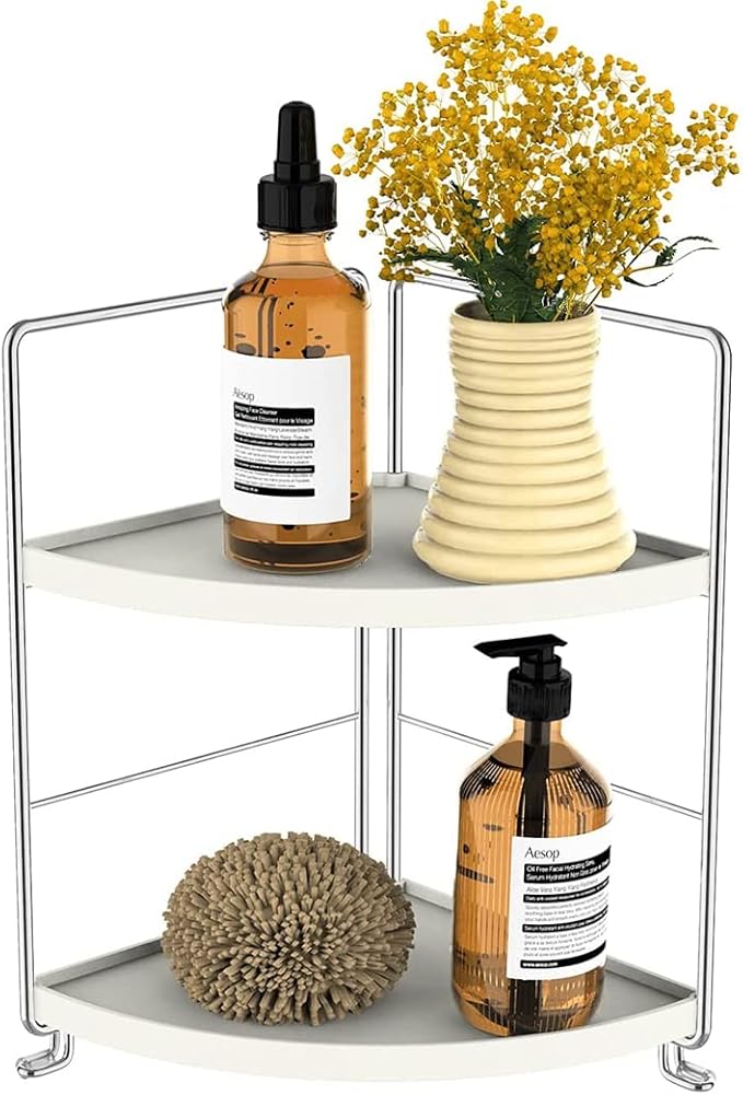 2-Tier Bathroom Countertop Organizer - Vanity Tray Cosmetic & Makeup Storage- Kitchen Spice Rack Standing Shelf - Corner Storage Shelf, Silver