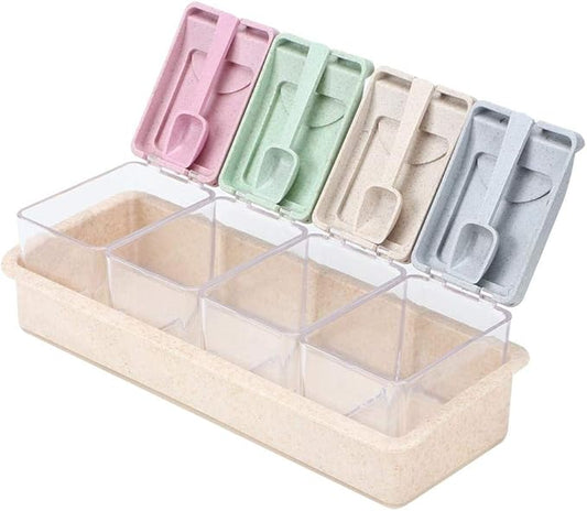 4-Grids Spice Jars, Transparent Seasoning Box Pepper Salt Seasoning Can Pot with Spoon for Home Kitchen