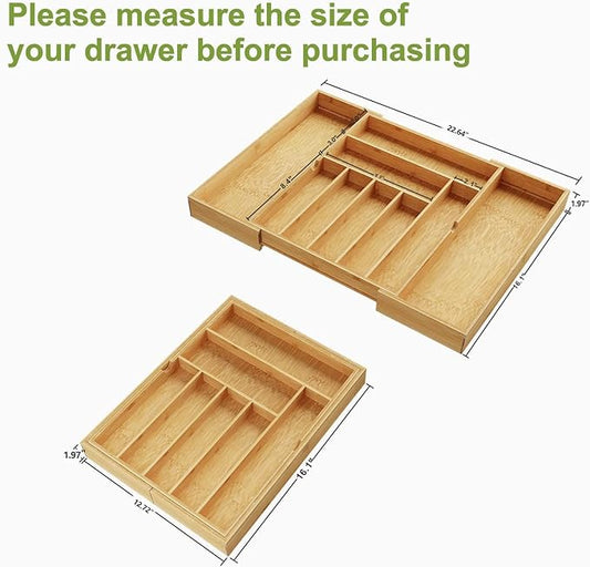 BAMEOS drawer organizer flatware organizer cutlery tray silverware organizer expandable adjustable bamboo drawer organizer kitchen bathroom