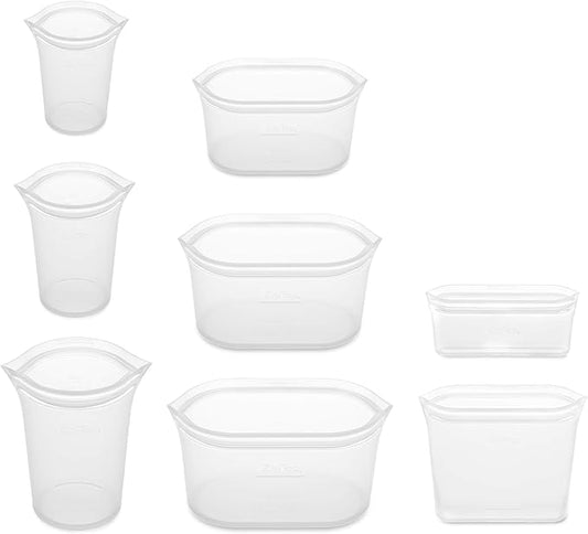 Zip Top Reusable Food Storage Bags | Full Set of 8 [Frost] | Silicone Meal Prep Container | Microwave, Dishwasher and Freezer Safe | Made in the USA