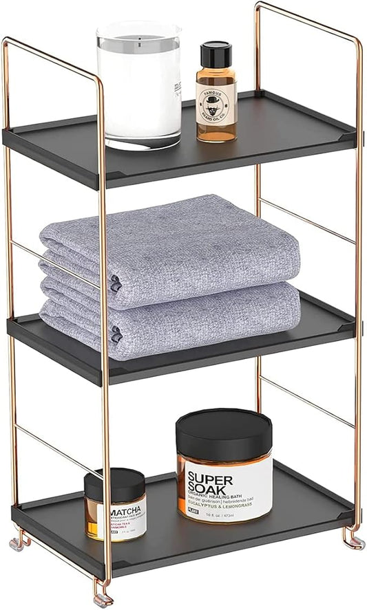 Plastic/Metal Freestanding Stackable Organizer Shelf,Bathroom Countertop Storage Shelf Cosmetic Organizer Holder Kitchen Spice Rack,3-Tier Standing Rack (Rose Gold@Black)