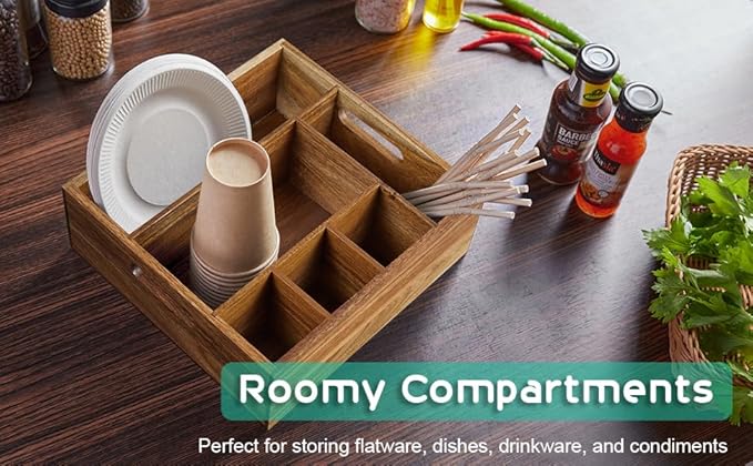 ALELION Acacia Wood Utensil Holder for Party - Paper Plate Organizer for Countertop - Silverware Caddy with 6 Compartments for Plate, Cup, Fork, Spoon - Cutlery Holder for Kitchen Camping Buffet