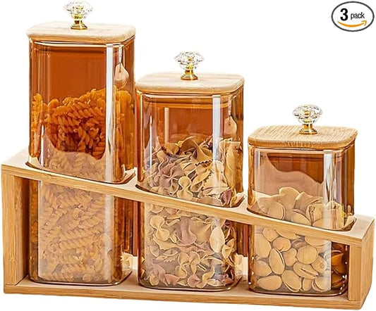 Glass Storage Containers with Lids (17oz/22oz/27oz), 3-Pack Glass Jars with Lids, Clear Glass Sugar Container, Pantry Organizers and Storage for Cookie Flour Oat Pasta Tea Coffee Bean (Square)