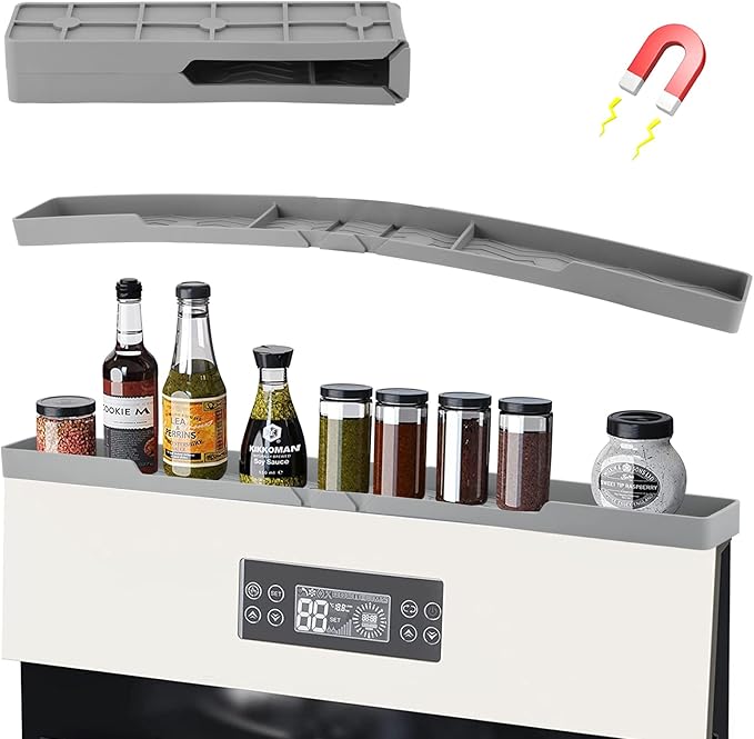 Silicone Stove Top Shelf 30" Magnetic Spice Rack Organizer Over the Stove Top for Kitchen for Curved Stove Oven Top Spice Rack Heat Insulation Non-slip (Gray)