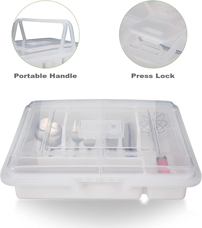 Silverware Organizer with Cover, Portable Cutlery Holder Flatware Tray with Lid Plastic Silverware Storage Box 5 Compartments for Kitchen Drawer (white)