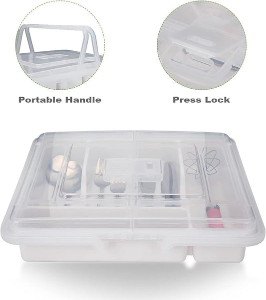 Silverware Organizer with Cover, Portable Cutlery Holder Flatware Tray with Lid Plastic Silverware Storage Box 5 Compartments for Kitchen Drawer (white)