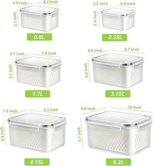6 Pack Fruit Storage Containers for Fridge, Produce Saver Vegetable Container with Drain Colanders - Refrigerator Organizer for Lettuce Keepers Berry Container