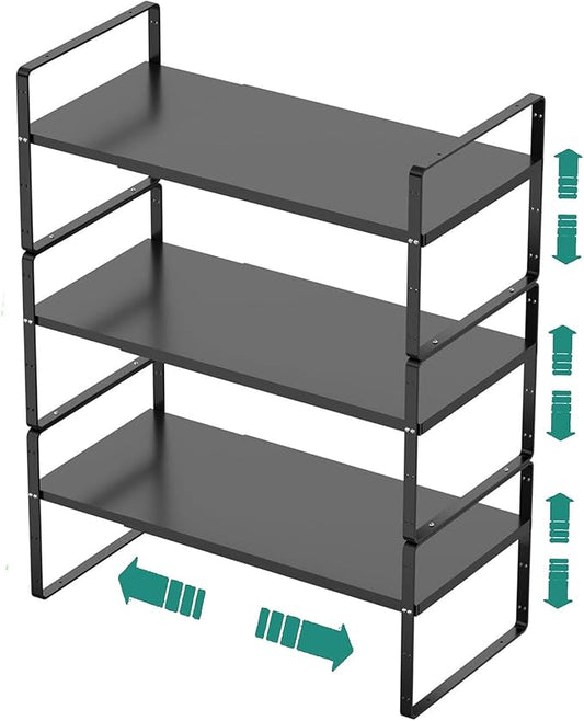 Expandable Cabinet Shelf Organizer Rack, Stackable Kitchen Counter Storage Shelves Stand, Adjustable Height Pantry Shelf Spice Rack, Heavy Duty Nonslip Black Large 3Pack