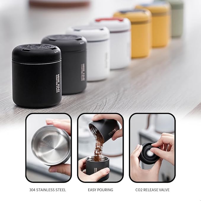 watchget Portable Mini Airtight Coffee Canister - Stainless Steel Coffee Bean Storage with One-way Exhaust Valve for Ground Coffee & Tea, 30-35g Capacity, Geometric Pattern Grey &Red
