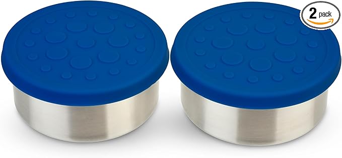 LunchBots 2.5 oz Stainless Steel Dressing Container for Condiments, Dips, Snacks, Dipping Sauce Cups with Silicone Lid, Fits in Lunch Bags and Bento Boxes - Set of 2 (Blue)