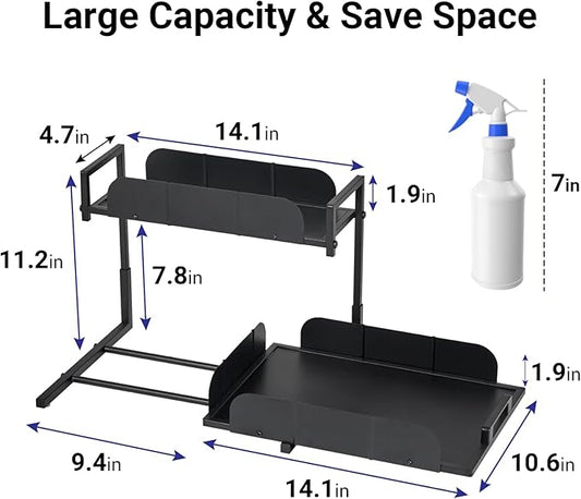 Under Kitchen Sink Organizer, 2 Tier Metal Pull Out Cabinet Organizer with Sliding Drawer, Heavy Duty Bathroom Organizers and Storage Shelf, Storage and organization for Home,Laundry,Office, 2 Pack
