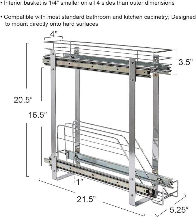 Household Essentials Glidez Multipurpose Chrome-Plated Steel Pull-Out/Slide-Out Storage Organizer for Cookware and Bakeware - 2-Tier Design - Fits Standard Size Cabinet or Shelf, Chrome