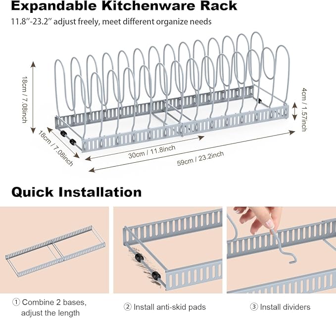 Pot and Pan Organizer Rack for Cabinet, Upgraded Expandable Pot Lid Organizer with 14 Adjustable Dividers, Pan Holder Storage Rack for Kitchen Cabinet, Grey