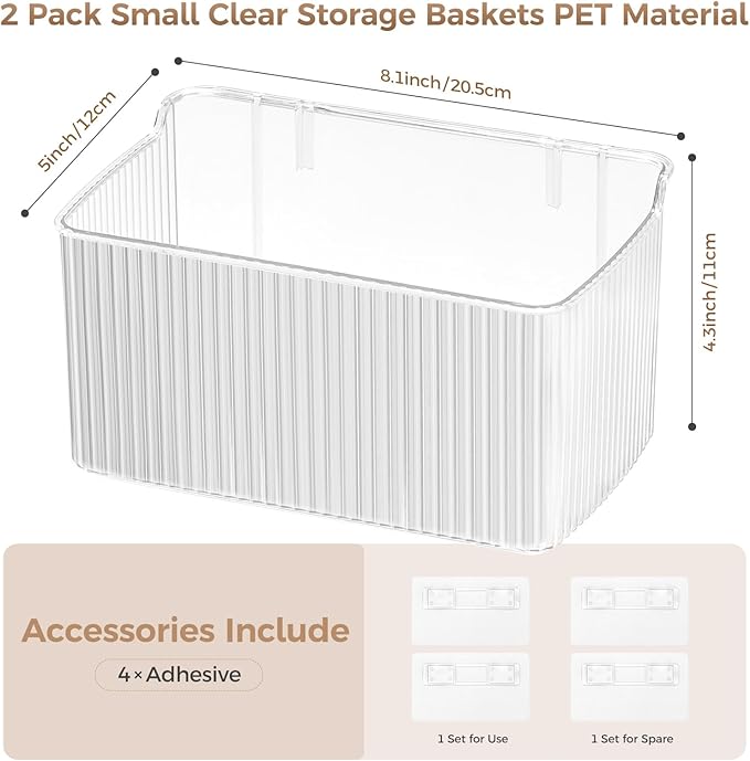 2 Pack Adhesive Spice Rack Wall Mount, 8.1" x 4.5" x 4.3", Cabinet Door Organizer Clear Acrylic Shelf, No-Drilling Small Hanging Basket for Kitchen Pantry, Shower Caddy for Bathroom