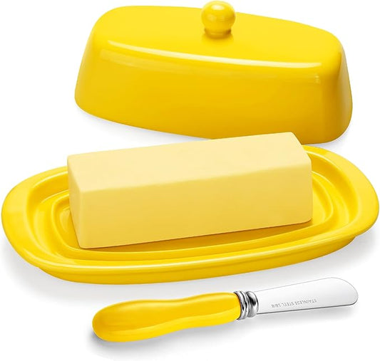 Yedio Ceramic Butter Dish with Lid for Countertop Refrigerator, 8 Inch Butter Holder with Porcelain Cover Knob Handle for East West Coast Butter Stick, Yellow