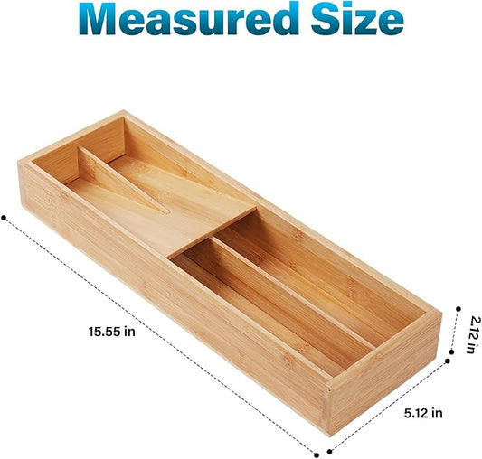 Bamboo Silverware Drawer Organizer, Kitchen Utensil Tray Holder Organizer, Drawer Storage Organization for Flatware, Cutlery, Spoon, Forks and Knives 4 Slots