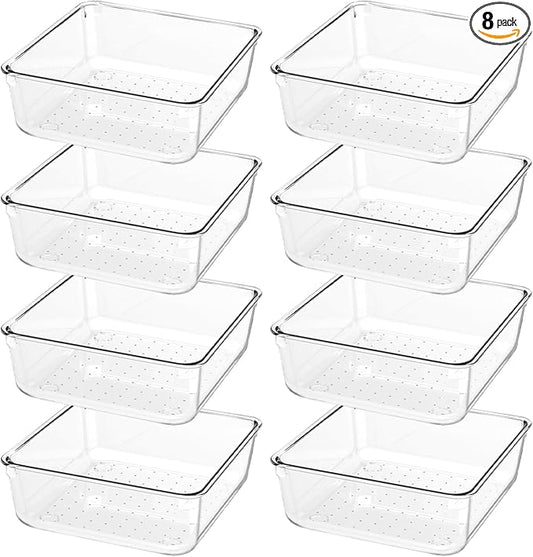 8 PCS Clear Plastic Drawer Organizer Tray, Acrylic Vanity Bathroom Drawer Organizers Trays, Small Desk Drawer Organizer Bins for Cosmetic, Makeup, Kitchen, Office, Drawer Divider Organization
