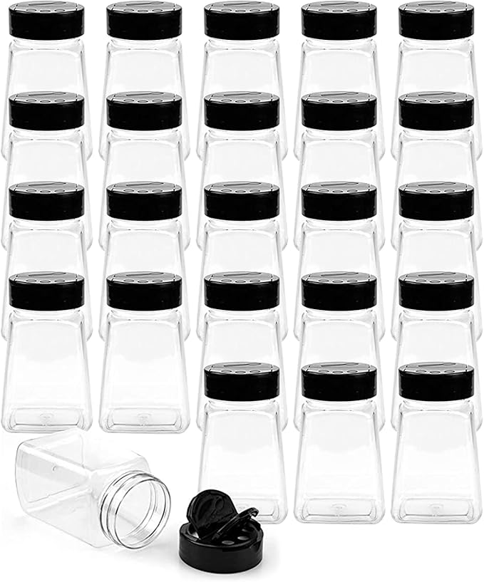 Tebery 24 Pack Clear Plastic Spice Jars with Black Flap Cap, 9OZ Seasoning Jars Storage Container Bottle To Pour Or Sifter Shaker for Storing Spice, Herbs and Powders